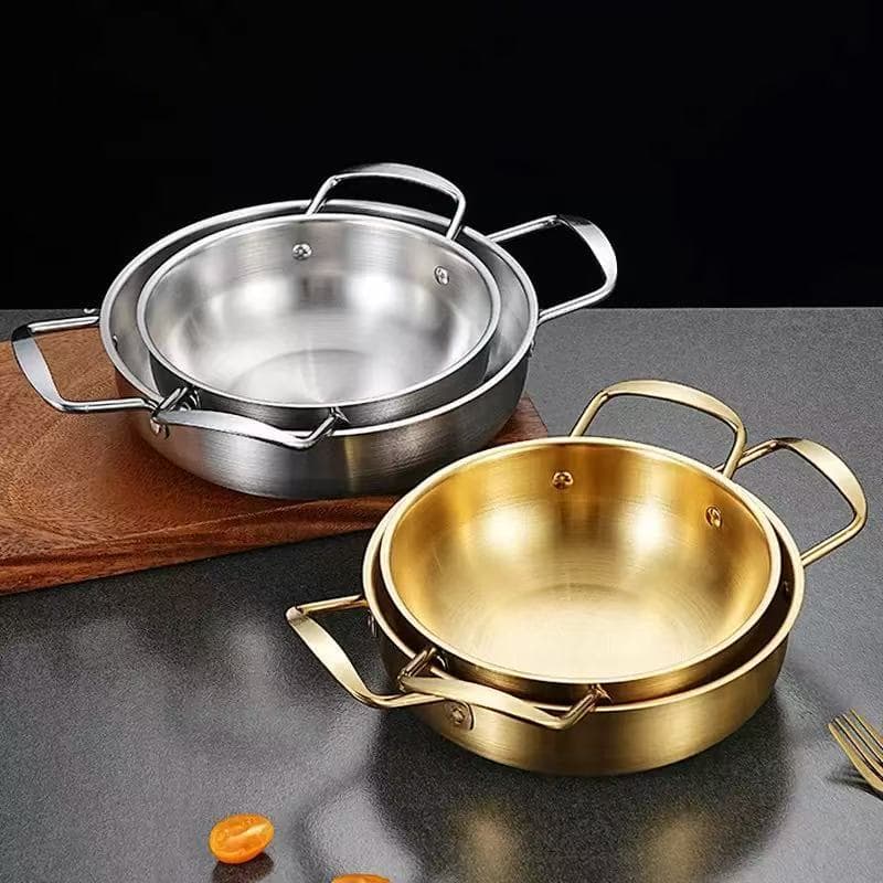 Panela Dourada Multifuncional com Alças Laterais, Corpo em Aço Inoxidável Espessado, 18cm até 26cm
