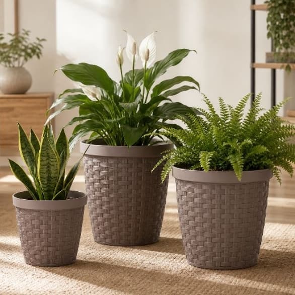 Kit 3 Vasos Rattan Decorativos com Sistema de Reserva de Água – Resistentes para Casa, Jardim e Varanda