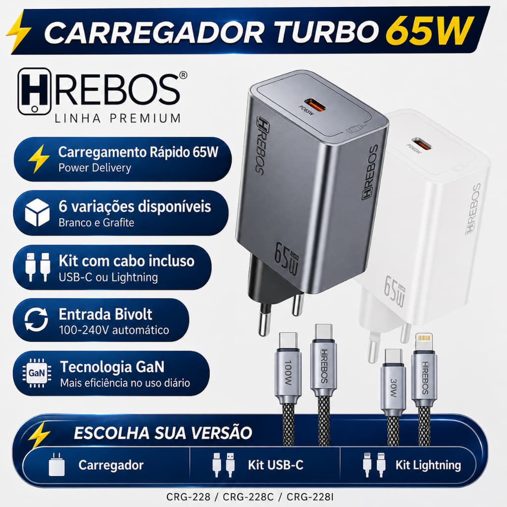 Carregador 65w GaN PD Tipo C USB-C Hrebos Max Charge Iphone Samsung Xiaomi Poco Certificado ANATEL