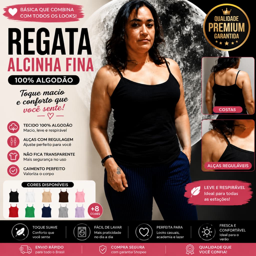 Regata Feminina Alcinha Fina 100% Algodão Básica Confortável Casual Verão Academia Blusinha Feminina
