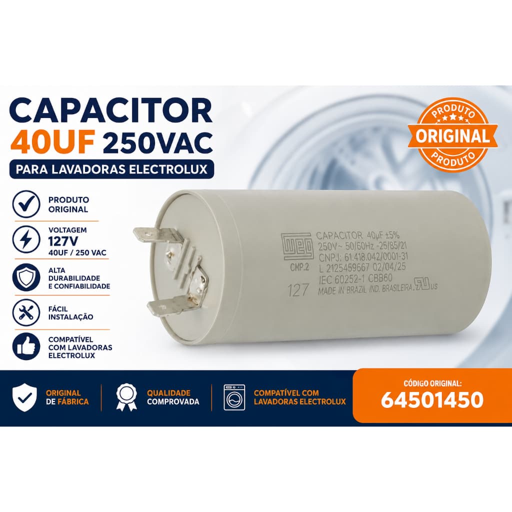 Capacitor Original 40uf Lavadora 127v WEG Cod Electrolux 64501450