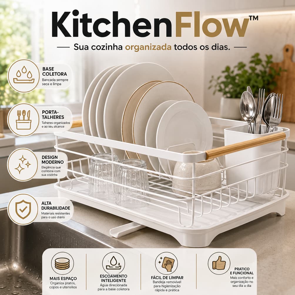 Escorredor de Louças com Base Coletora Porta Talheres Organizador de Pia KitchenFlow™ Metal e Plástico