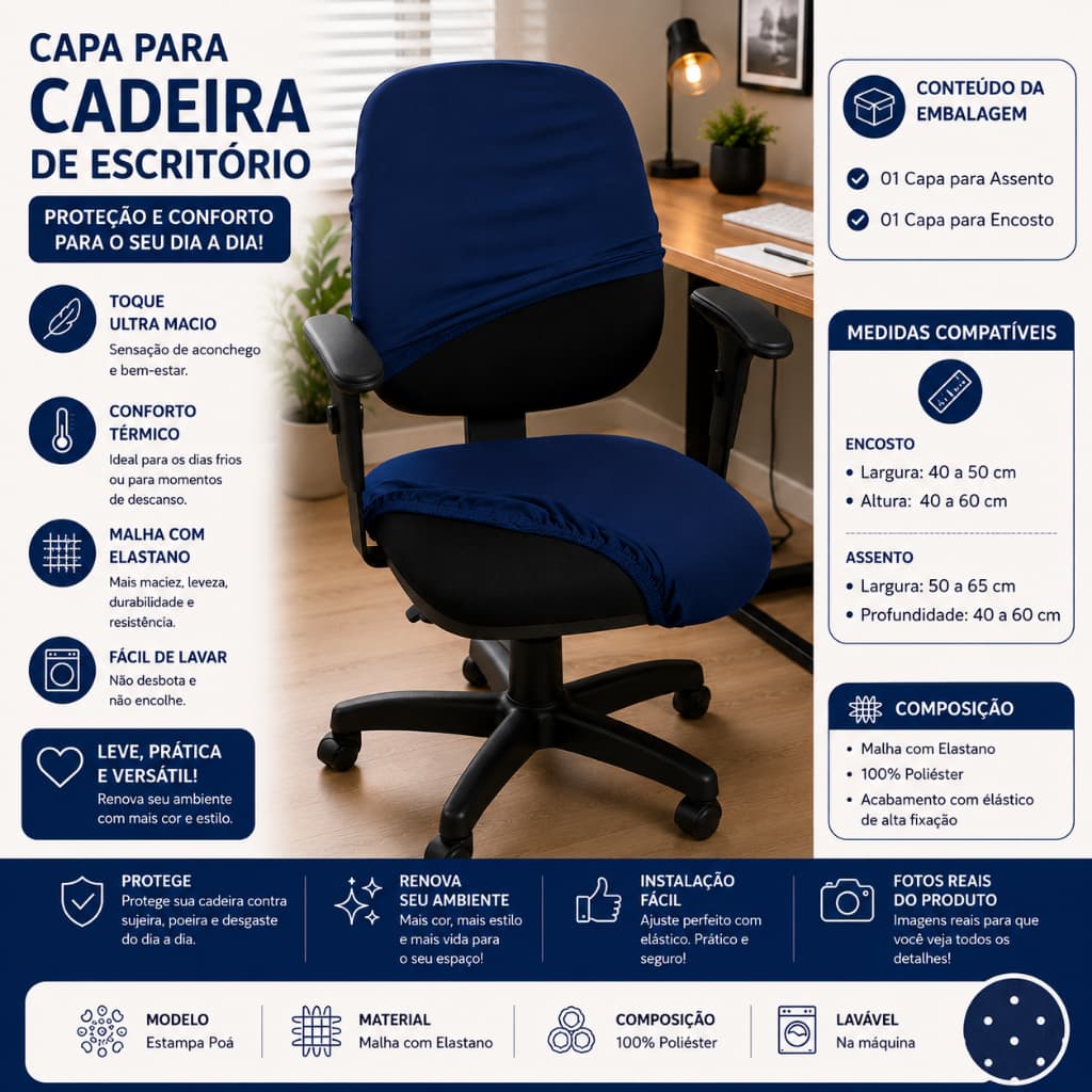 Capa para Cadeira de Escritório Elástica Assento e Encosto Protetora Ajustável Lavável