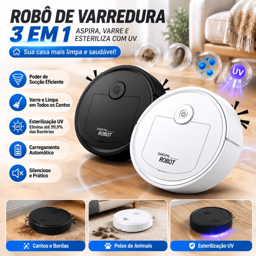 Robô De Varredura 3 Em 1 Esterilização E Desinfecção UV Aspirador Inteligente Carregador Automático De Casa Nexora