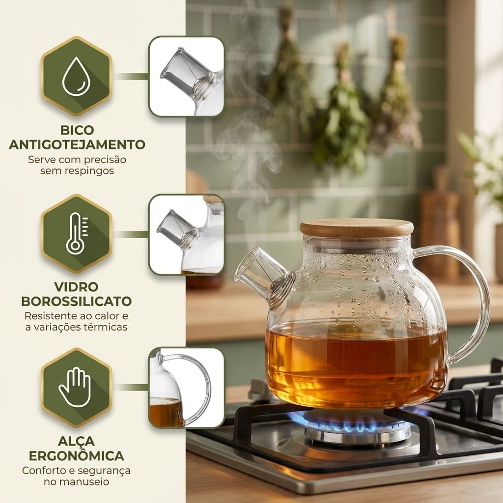 Bule Chaleira de Vidro 1L com Tampa de Bambu e Vidro Borossilicato - Design Minimalista para Chá e Café