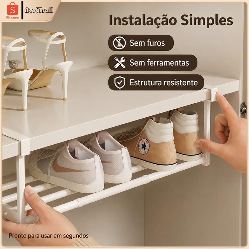 Prateleira Organizadora Telescópica 40 a 70 cm, Suporte Extensível sem Furação para Armário, Sapateira