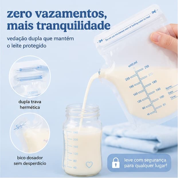 KIT 30/60 Saco Armazenador de Leite Materno 250ml com Bico Dupla Vedação Livre de BPA P1