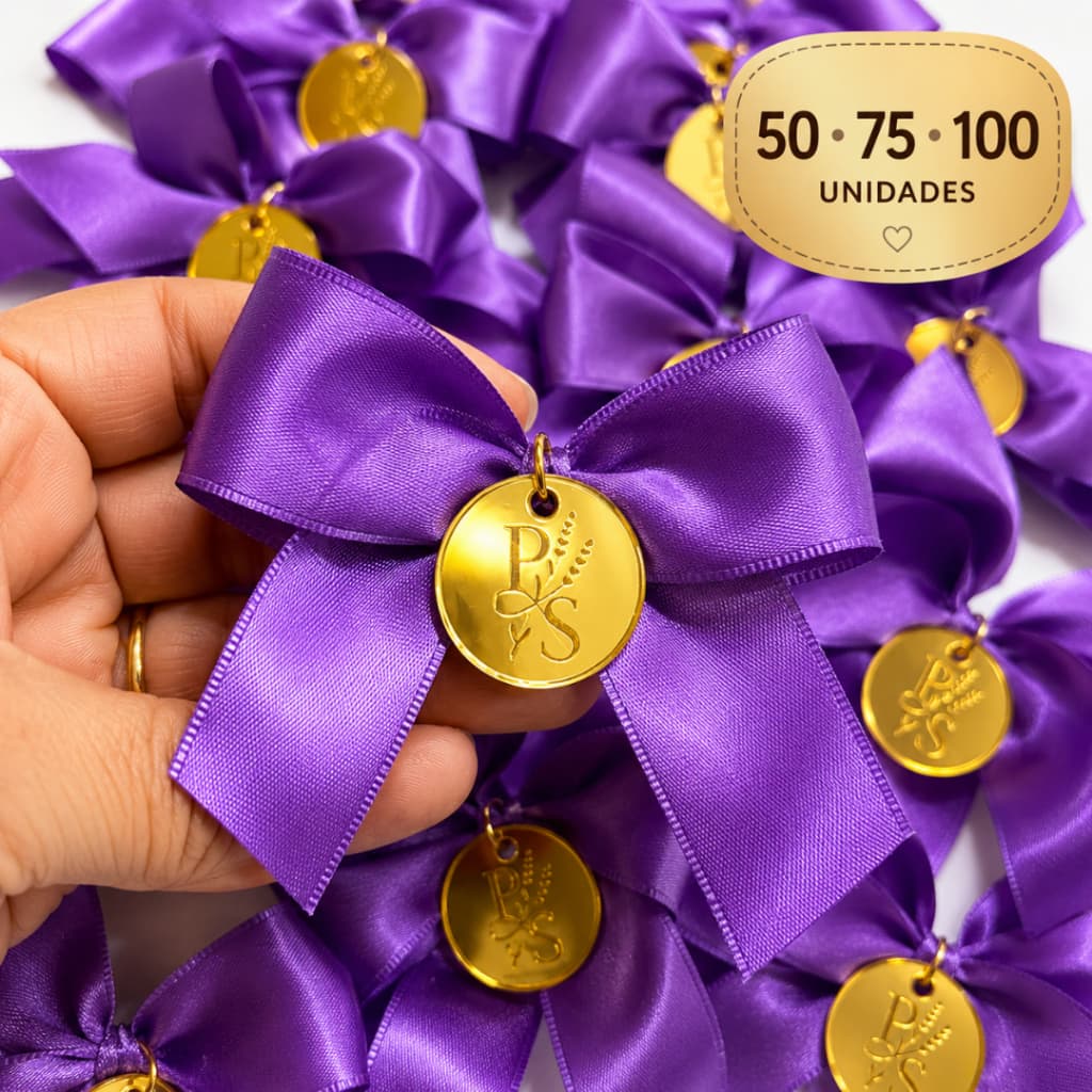 Laço de Cetim com Tag Acrílica Personalizada | 50, 75 e 100 Unidades
