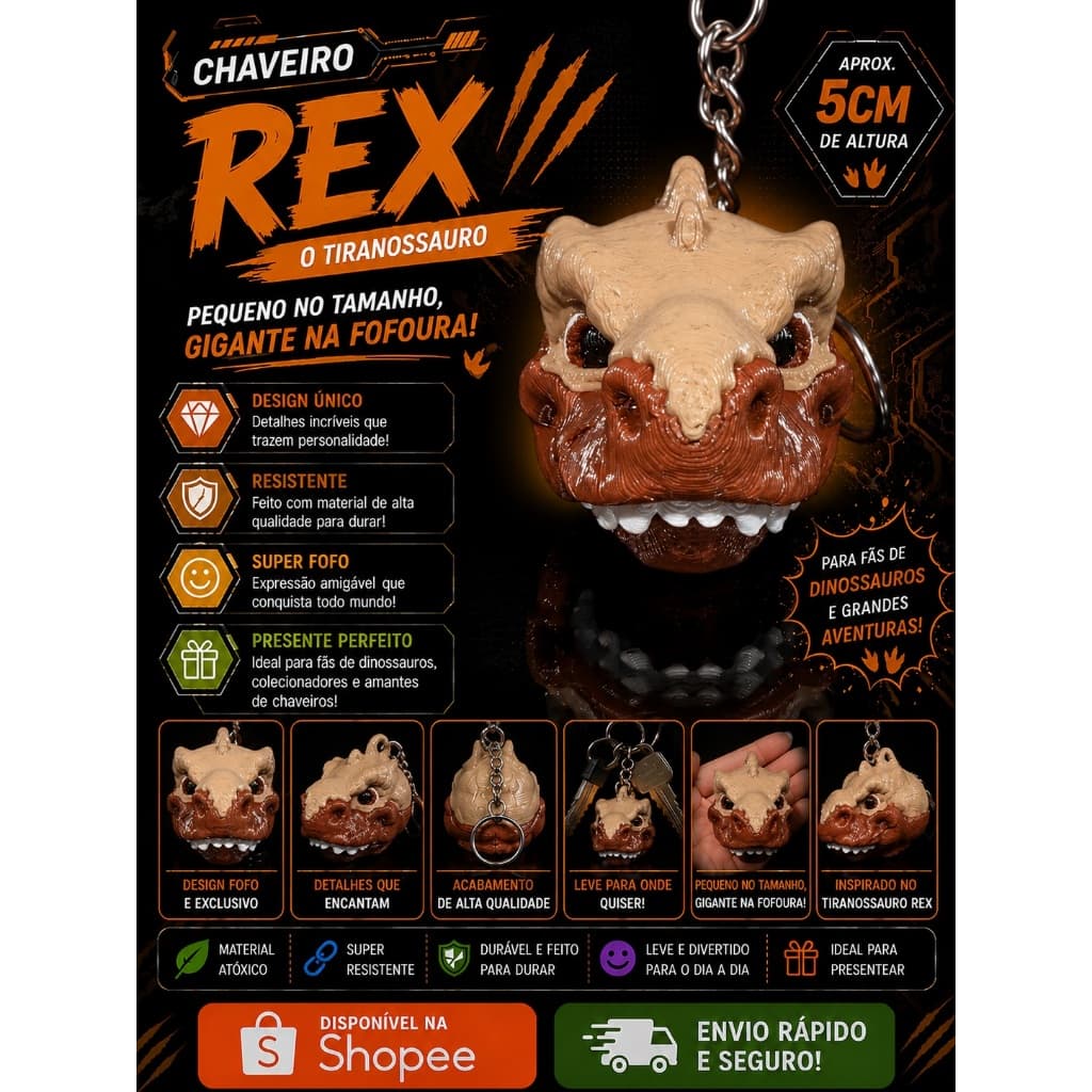 🦖 Chaveiro Rex | Tiranossauro | Impressão 3D em PLA | Fofo, Leve e Cheio de Personalidade