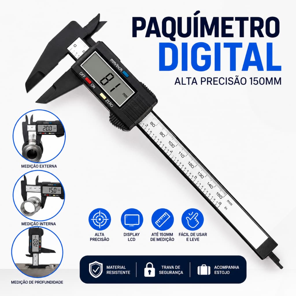 Paquímetro Digital 150mm 0,1mm Profissional ferramenta LCD com bateria extra