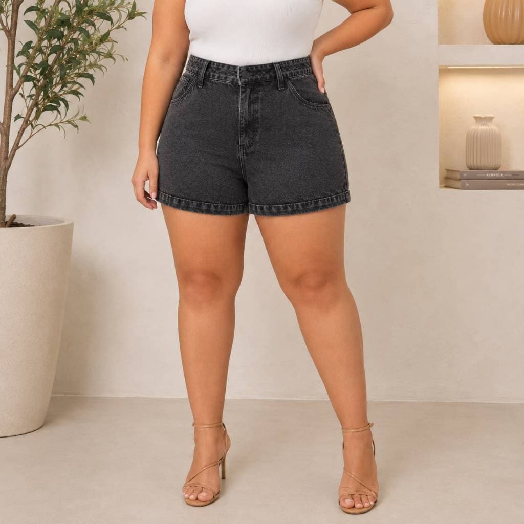Short Plus Size Jeans Feminino Cintura Alta Modeladora Preto Empina Bumbum Extremos Conforto