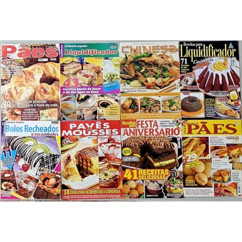 Revistas de Culinária Receitas de Pães Bolo Pavê Mousse Comida Chinesa Liquidificador Lote com 8 Revistas Desapego