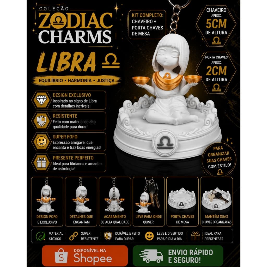 ♎ Kit Zodiac Charms – Libra | Chaveiro + Porta-Chaves de Mesa | Impressão 3D em PLA