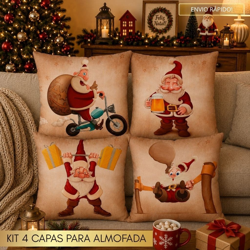 Kit com 4 Capas para Almofadas Decorativas Natal Papai Noel Decorativo 45x45 cm