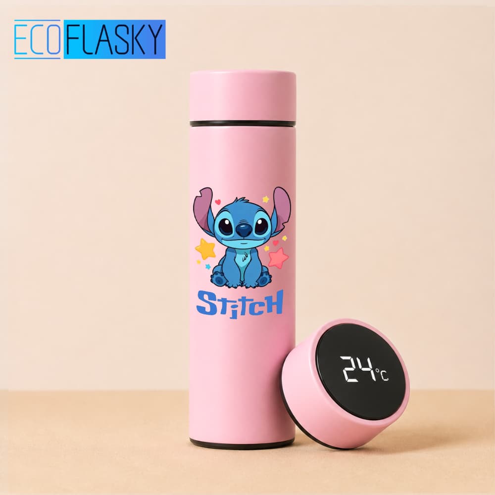 Garrafa Térmica de Água Infantil Aço Inoxidável Stitch Fofo Termometro LED Digital Estampada 500ml