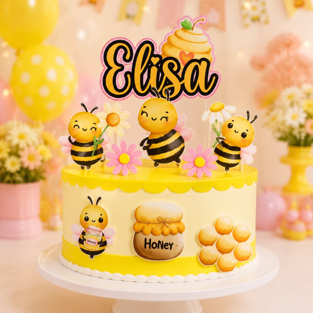 Topo de Bolo Abelhinha Personalizado com Nome | Decoração Festa Infantil Menina | Tema Jardim Mel Cute