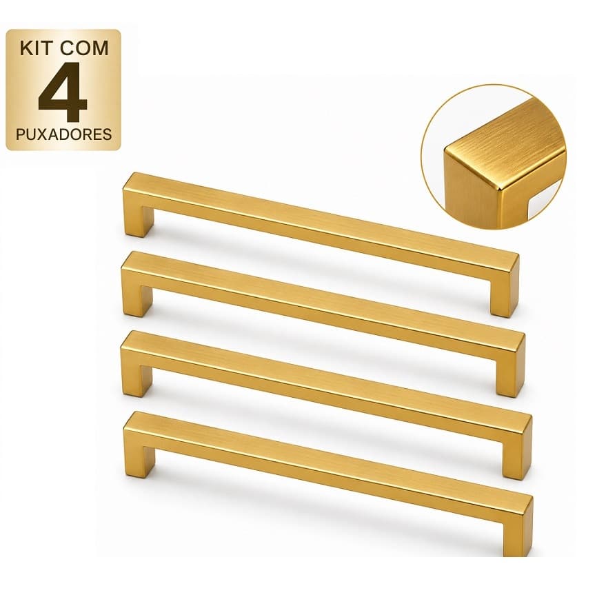 Kit 4 Puxadores Rezzo Il811 Inox Dourado Matte 192mm Moveis Armario Porta Gaveta Cozinha