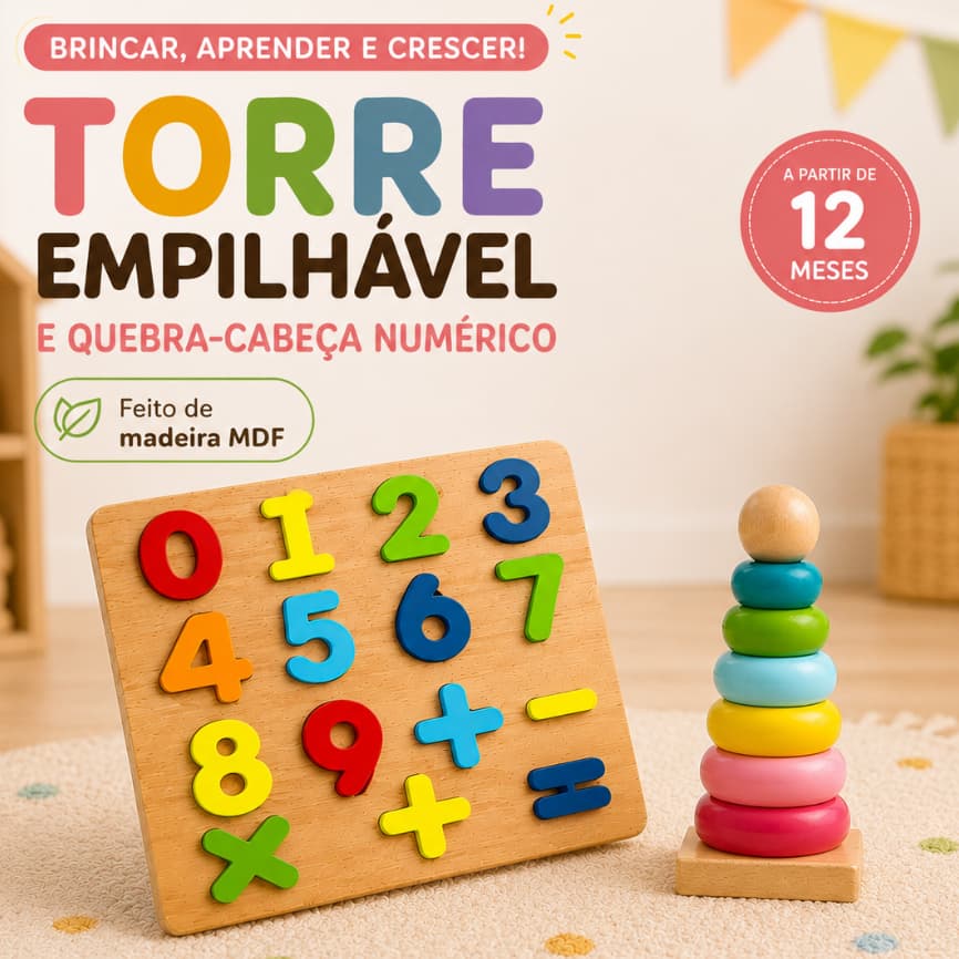 Kit Brinquedos Educativos Montessori Madeira Torre Empilhável + Quebra Cabeça Números Matemática Pedagógico Coordenação