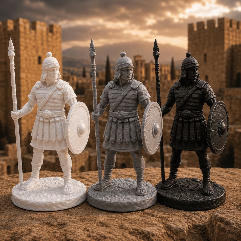 Soldado Israelita Bíblico 15cm com Lança e Escudo Escultura Decorativa em Plástico Premium