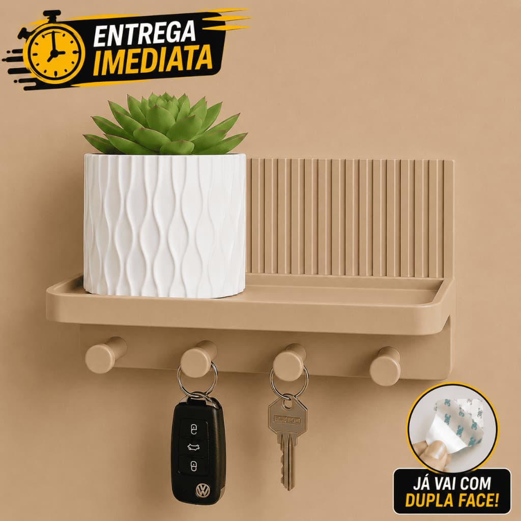 Porta Chave Organizador Com Prateleira Decorativa com Vasinho Suculenta + Dupla Face