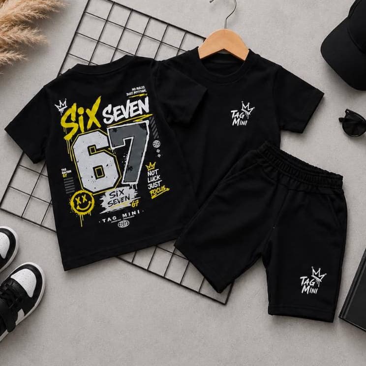 Conjunto Infantil Masculino Six Seven 67 Streetwear Camiseta + Bermuda para Farmar Aura Tamanhos 2 ao 14