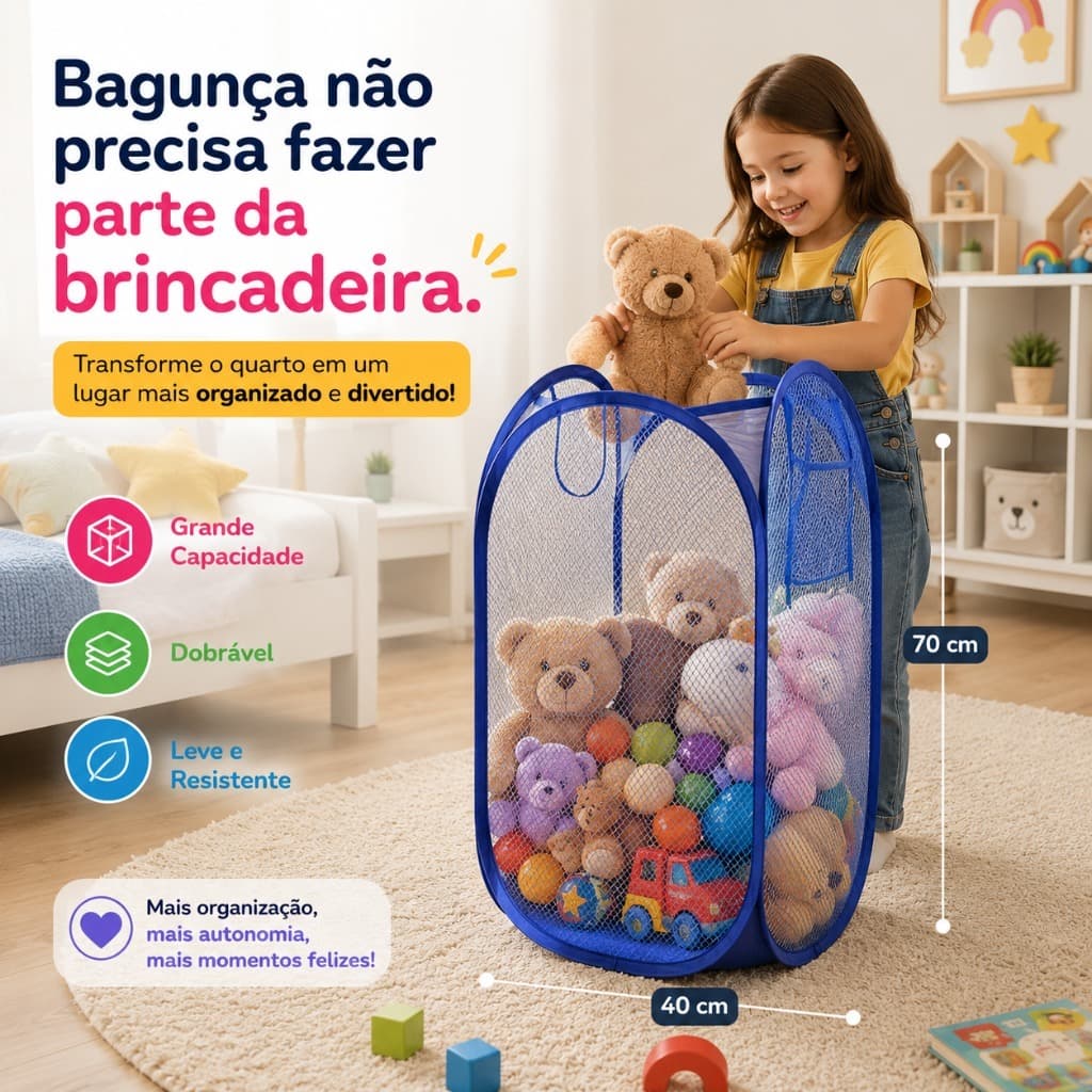 Cesto Organizador De Brinquedos Roupa Infantil Dobrável Grande 70x40 Porta Brinquedos Multiuso