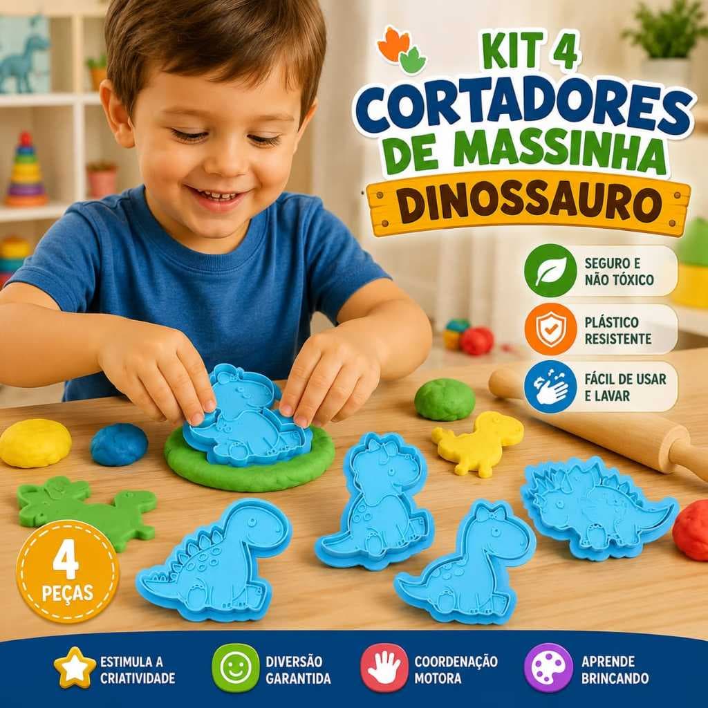 Kit 4 Cortadores de Massinha Dinossauro com Carimbo Molde Infantil para Massa de Modelar