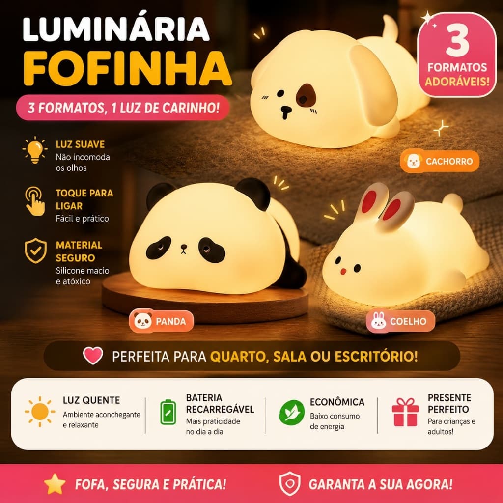 Luminária Led Fofo Panda/Cachorrinho/Coelhinho Recarregável Lâmpada Noturna Abajur Silicone Touch