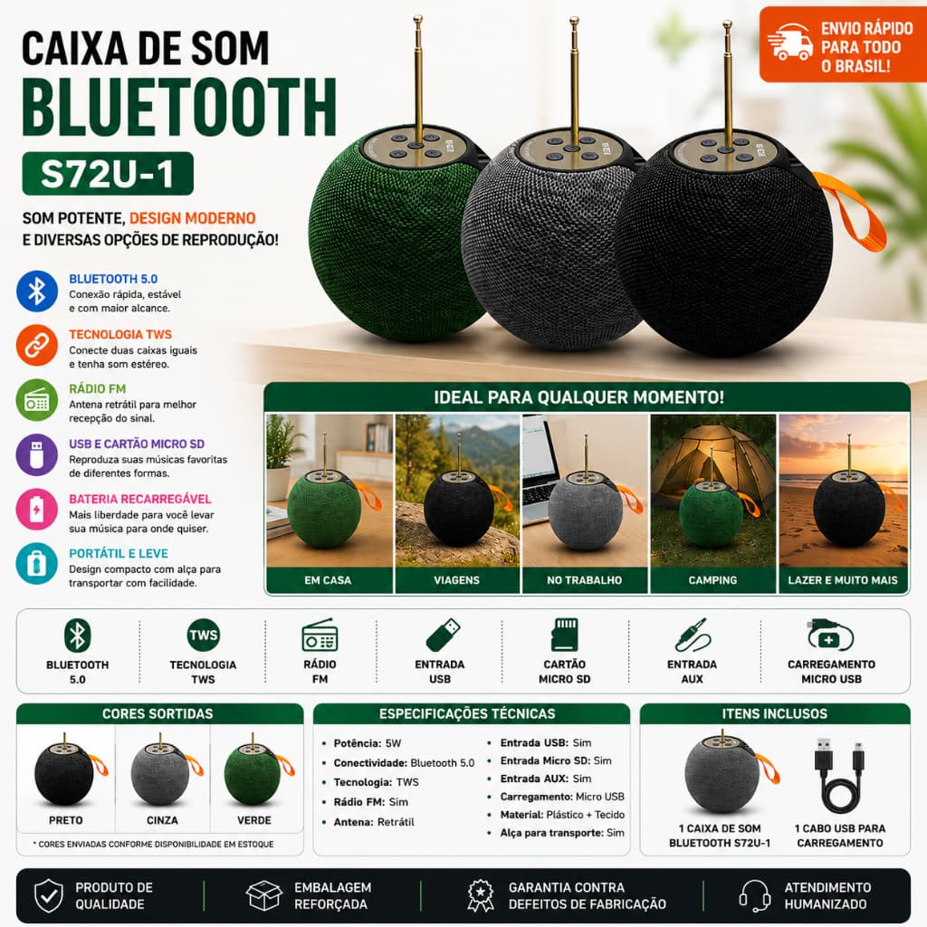 Caixa de Som Bluetooth 5W TWS Rádio FM USB SD Portátil Cores