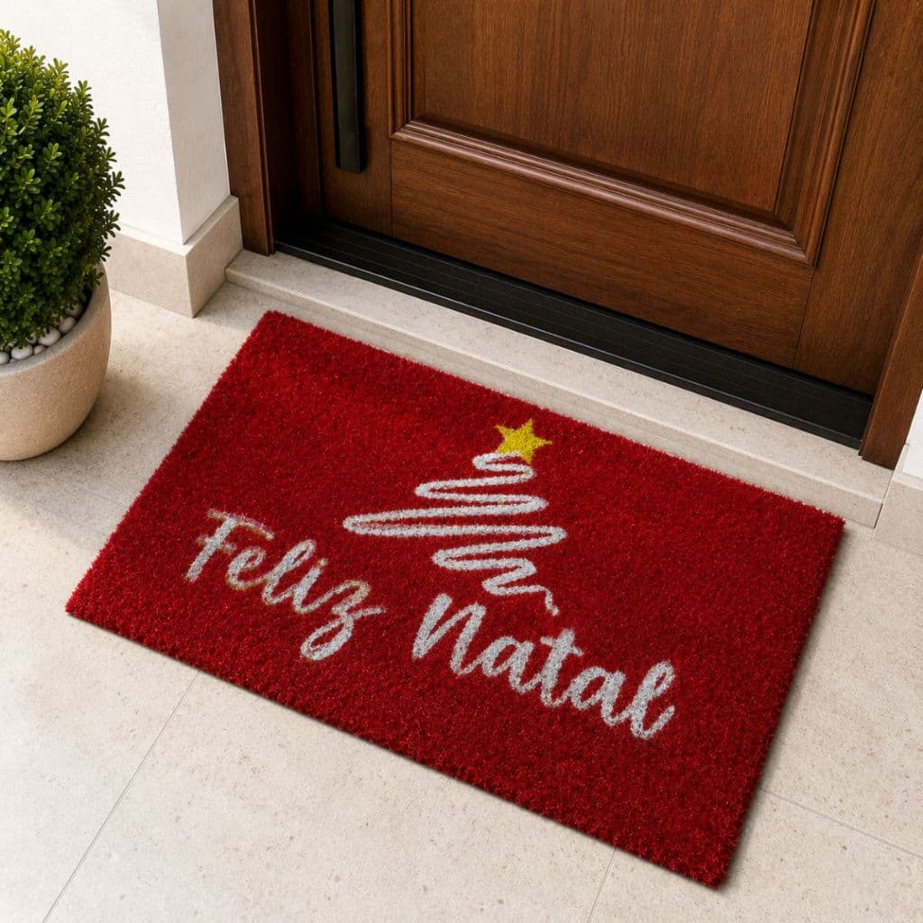 Tapete Carpacho Feliz Natal Emborrachado Porta de Entrada Antiderrapante Decorativo