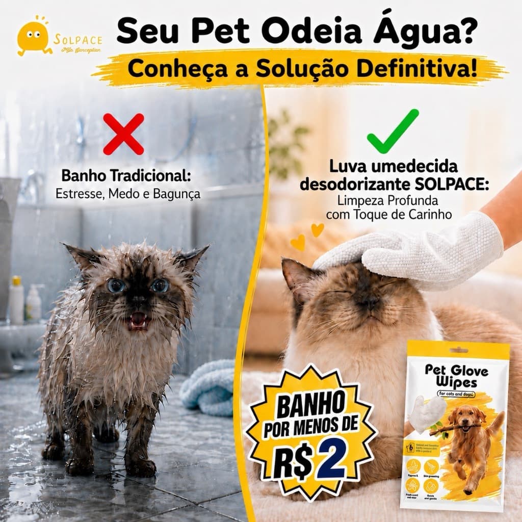 SOLPACE Luvas Umedecidas Pet Banho A Seco Para Cães e Gatos Kit 3 Pacotes 18 Un, Sem Enxágue