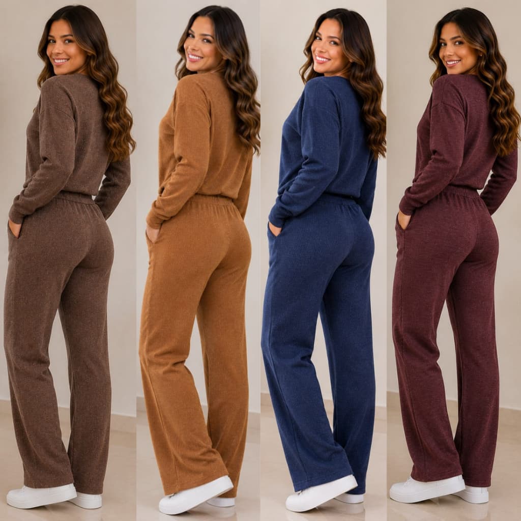 Conjunto Feminino Blusa e Calça Malha Rib com Elástico na Cintura e Bolsos Confortável Macio Casual