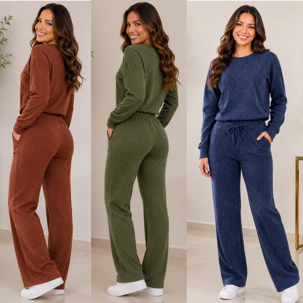 Conjunto Feminino Malha Rib, Blusa Manga Longa Calça com Bolso Elástico na Cintura Confortável Moda