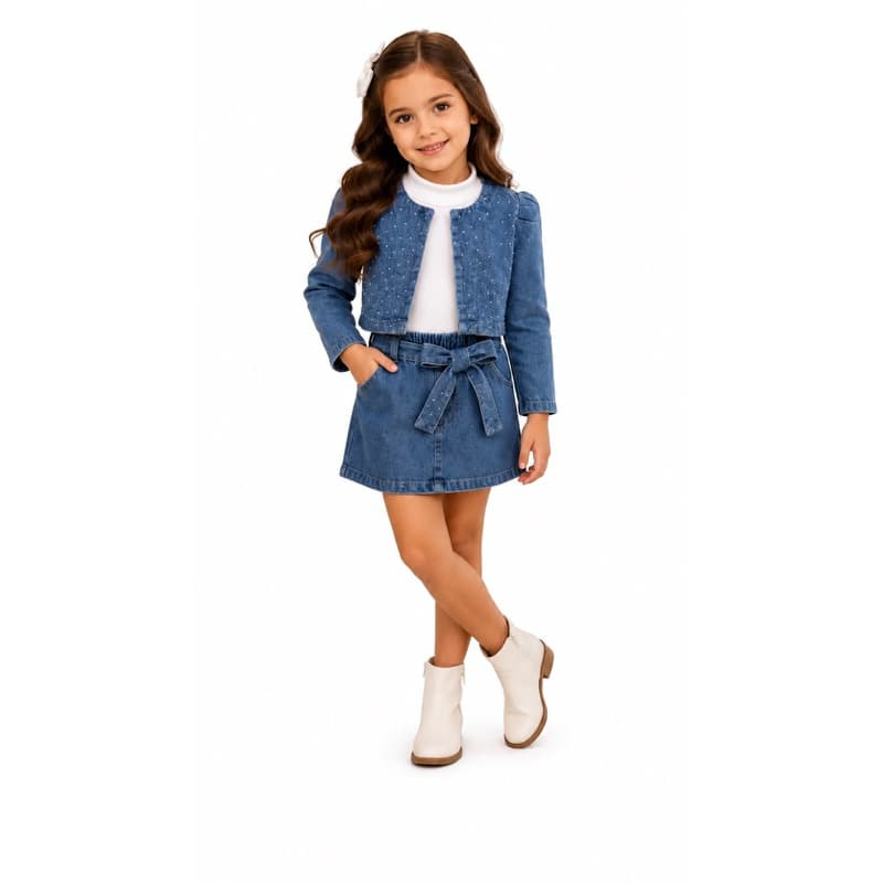 Conjunto kit saia jeans com blaser mas blusa gola alta