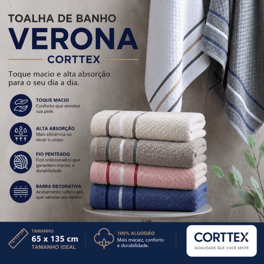 Toalha de Banho Corttex Verona 65x135 cm Fio Penteado Alta Absorção 350 g/m²