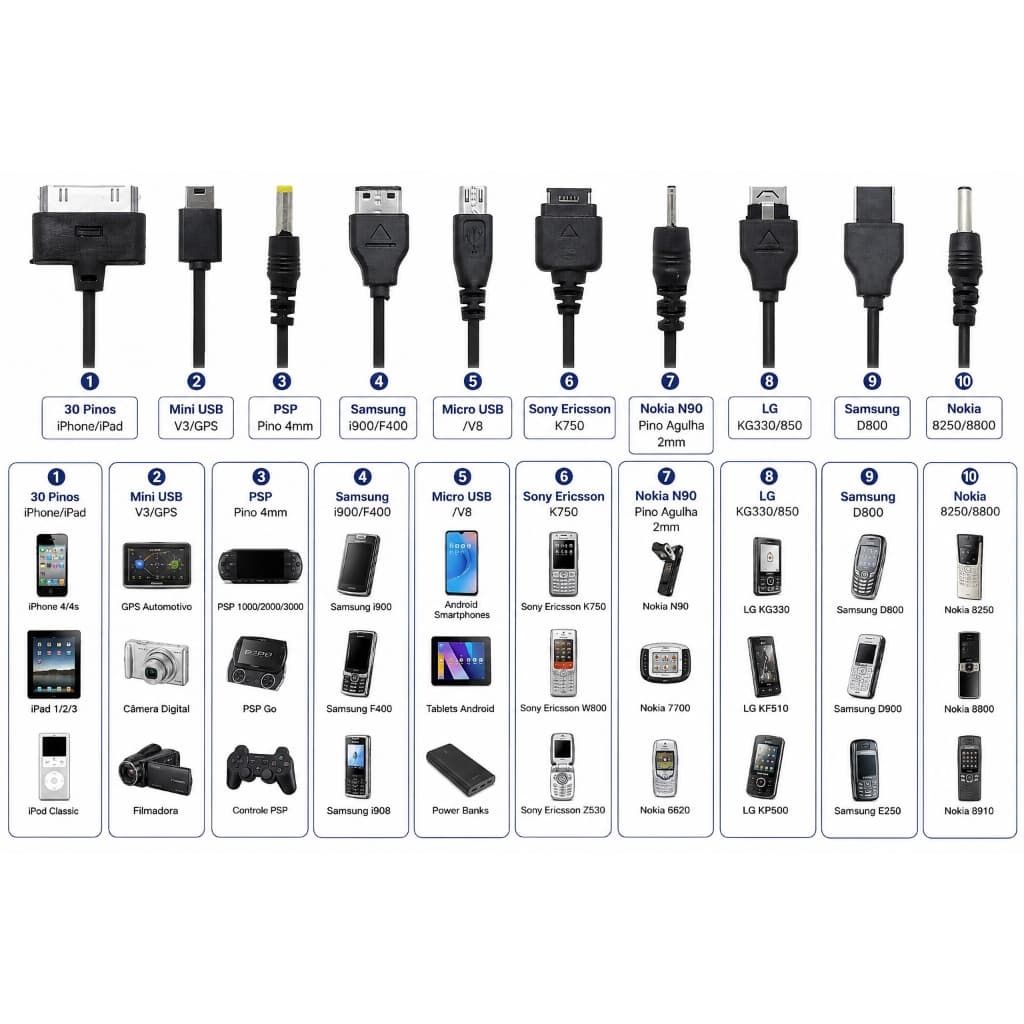 CABO CARREGADOR UNIVERSAL CELULAR TABLET GPS CÂMERAS ELETRÔNICOS MODELOS ANTIGOS NOKIA SONY ERICSON SAMSUNG LG