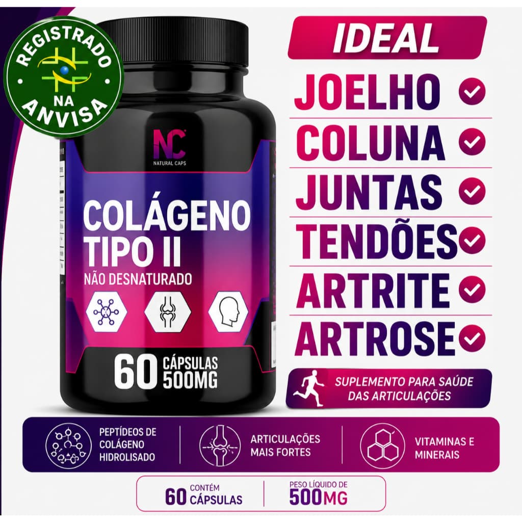 Colágeno Tipo II Não Desnaturado 60 Cápsulas 500mg Saúde Articular, Mobilidade e Alívio de Dor