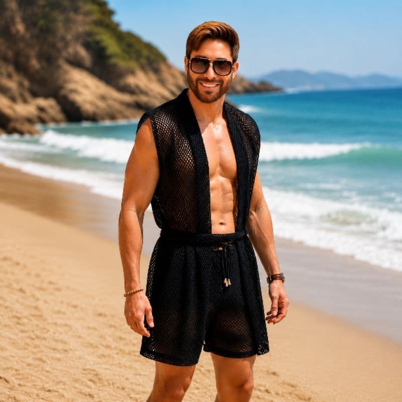 Conjunto praia kimono e shorts em tela Arrastão masculino