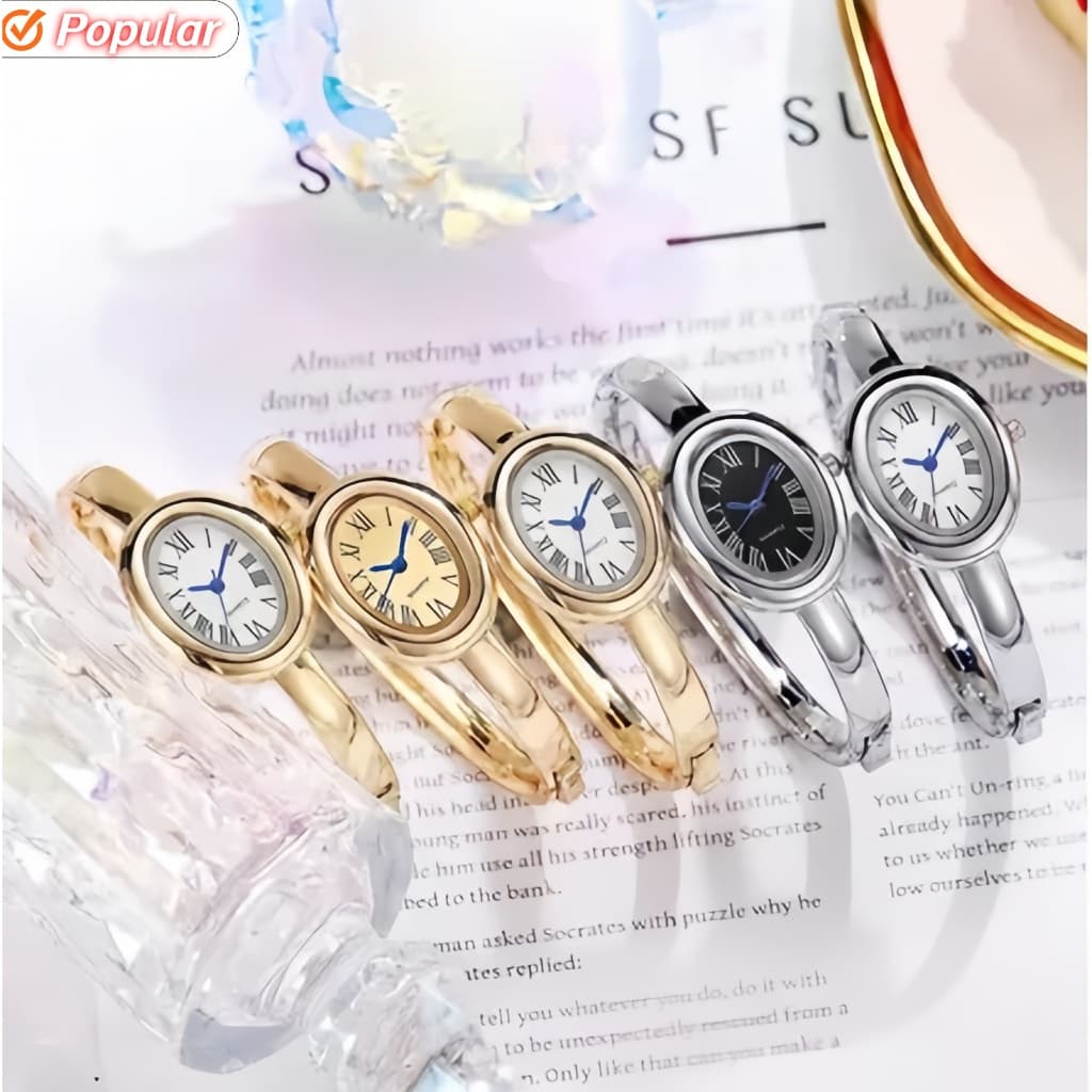 Relógio feminino de quartzo com pulseira polida e numerais romanos