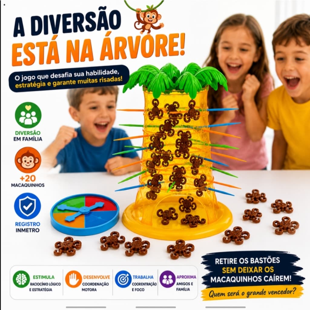 Jogo Macaco no Galho Infantil com Roleta e 20 Macacos Brinquedo Educativo Monkey Balance™