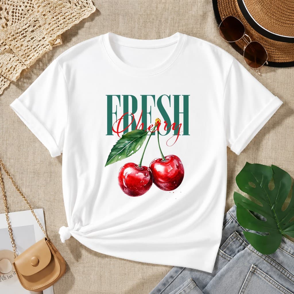 Camiseta Lançamento T-shirt Algodão Estampada CHERRYS Cereja Blusa para Academia Larga Fresca