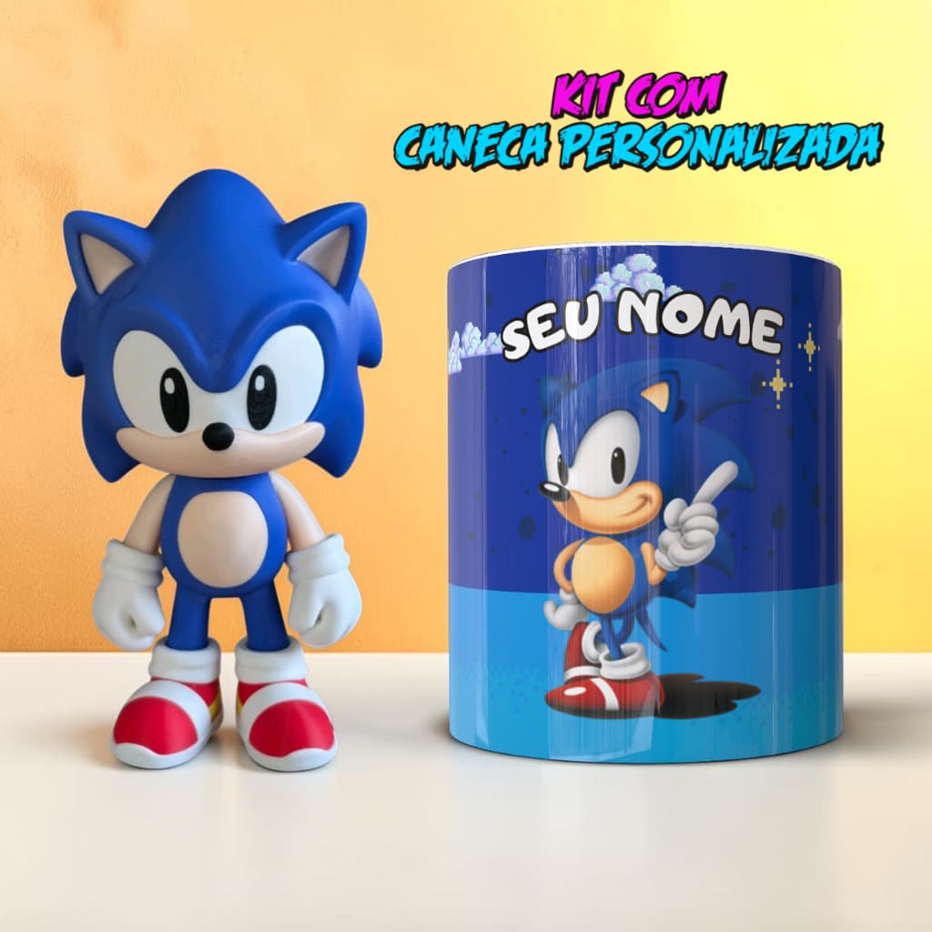 Kit Boneco Sonic + Caneca Personalizada Presente Infantil Especial