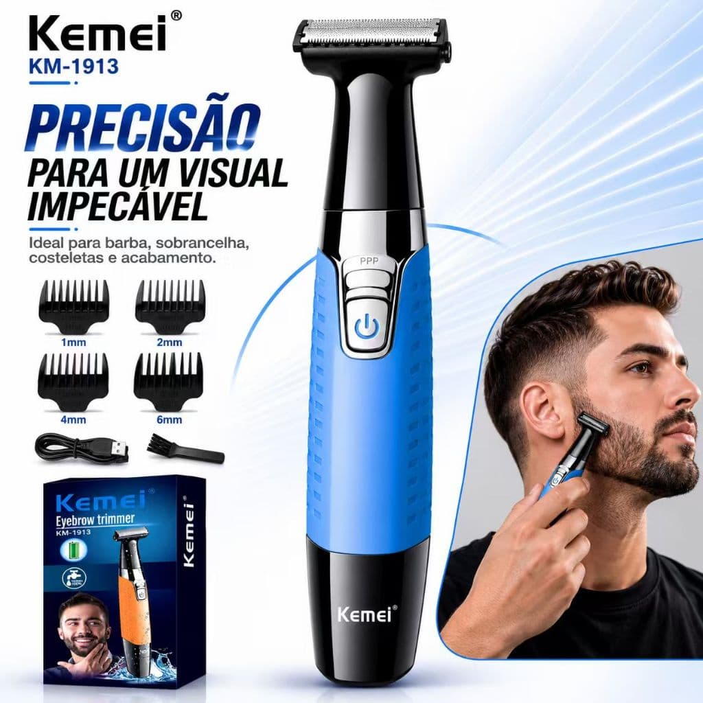 Aparador de Barba Kemei KM-1910 Barbeador Elétrico USB Recarregável Bivolt para Sobrancelhas e Pelos Corporais
