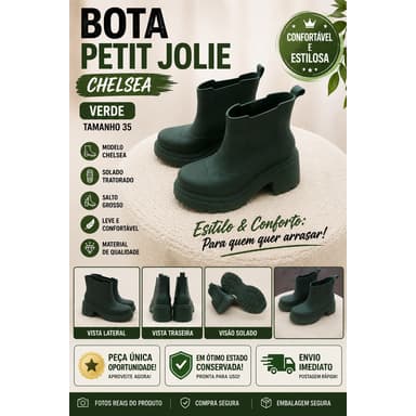 Bota Feminina Petit Jolie Chelsea Verde Tamanho 35 Solado Tratorado Salto Grosso – Conforto e Estilo em Ótimo Estado