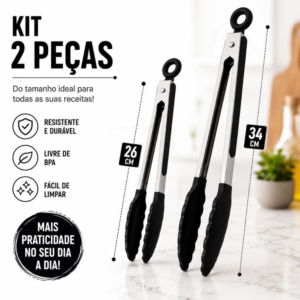 Kit 2 Pegadores 26 e 34 cm Inox Grande e Médio Ponta de Silicone com Trava
