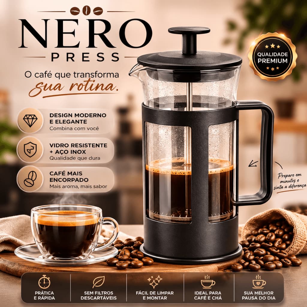 Cafeteira Francesa Nero Press 300ml Prensa Manual Vidro Resistente Aço Inox Café Premium