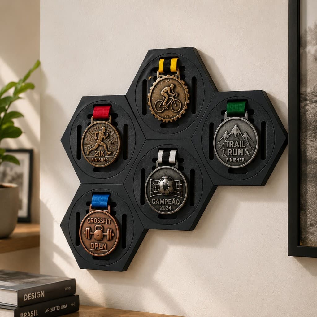 Porta Medalhas Hexagonal Colméia Esporte Corrida Futebol Bicicleta Troféus Decorativo Suporte