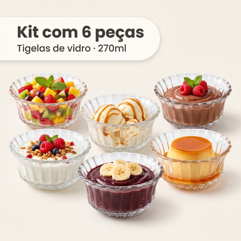 Jogo 6 Tigelas Bowls Cumbuca Vidro Grosso Resistente 270ml Sobremesa Doce Sorvete Petisco Decoradas