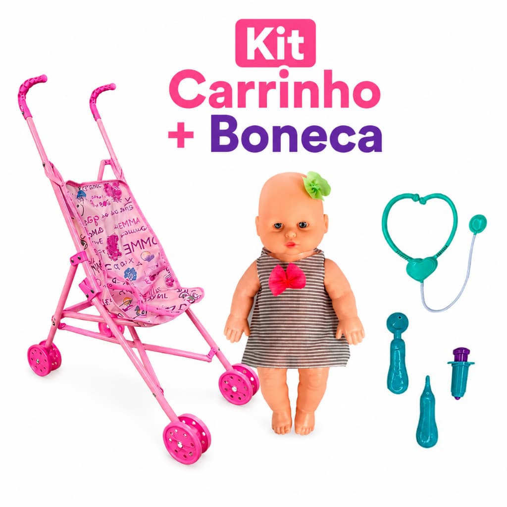 Kit Carrinho + Boneca Bebê com Acessórios Brinquedo para criança Infantil Menina