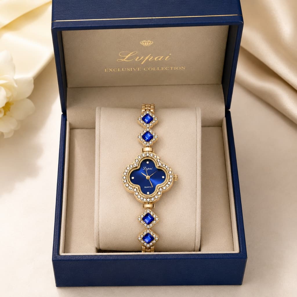 Relógio Feminino Trevo 4 Folhas Luxo com Diamantes Pulseira Elegante Analógico Fashion Presente